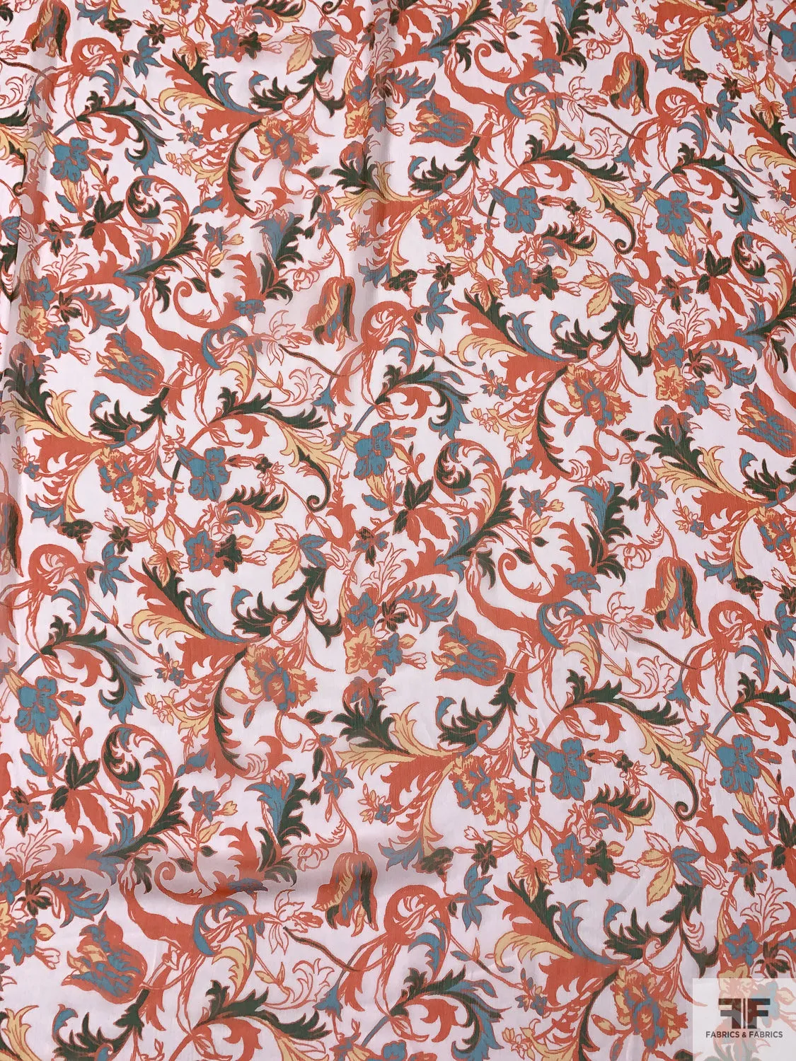 Floral Vine Printed Crinkled Silk Chiffon - Orange / Turquoise Blue / Green / White