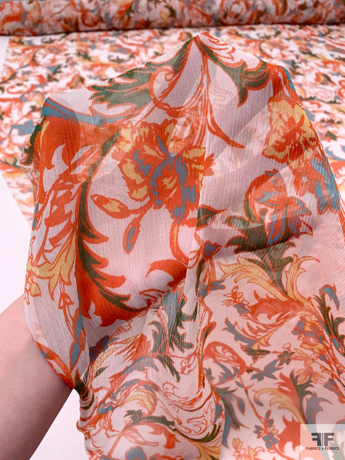 Floral Vine Printed Crinkled Silk Chiffon - Orange / Turquoise Blue / Green / White