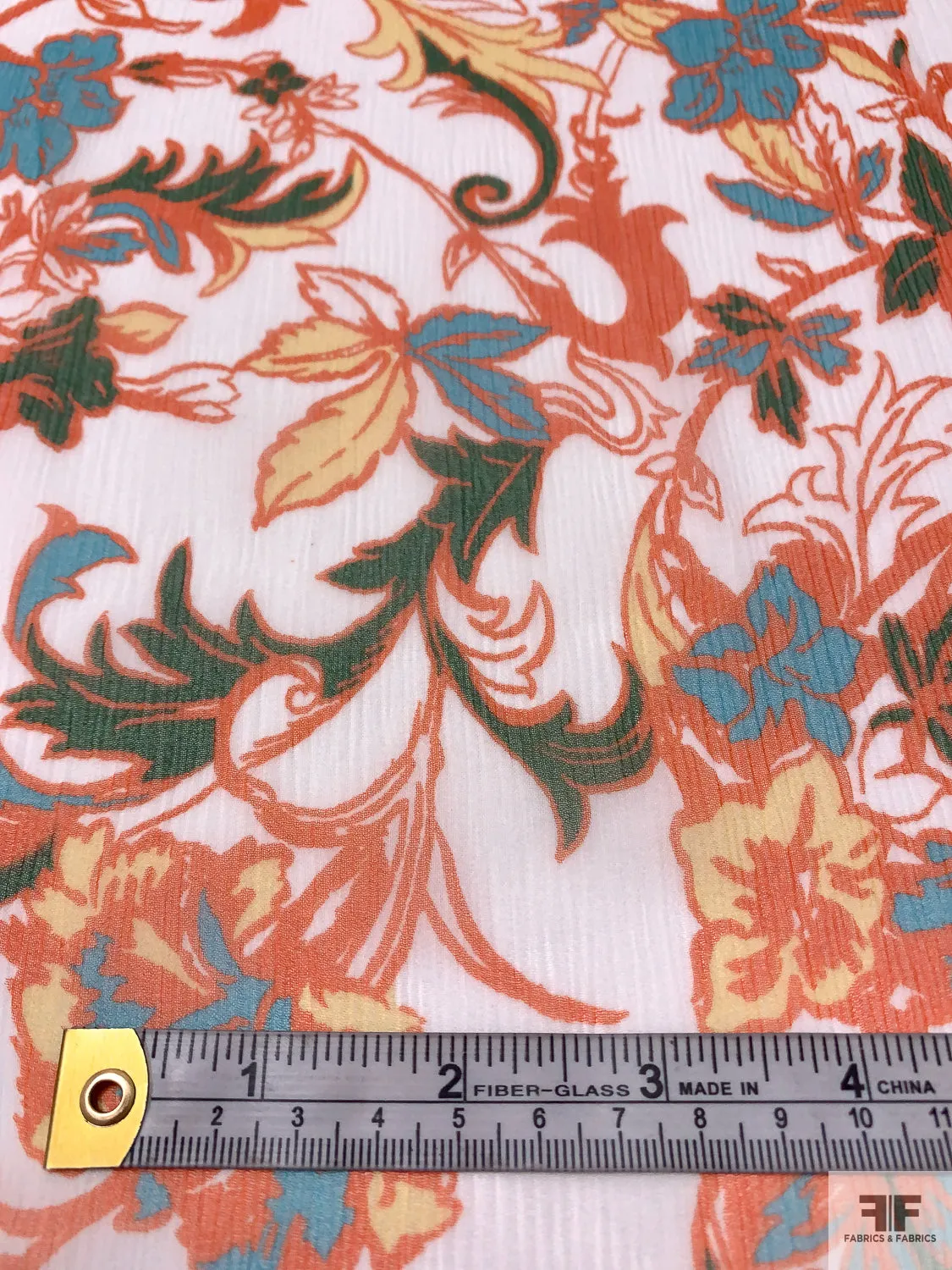 Floral Vine Printed Crinkled Silk Chiffon - Orange / Turquoise Blue / Green / White