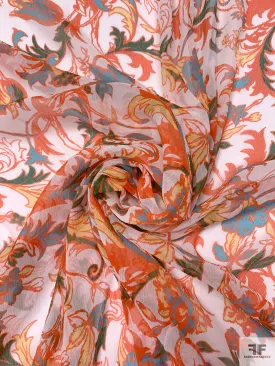 Floral Vine Printed Crinkled Silk Chiffon - Orange / Turquoise Blue / Green / White