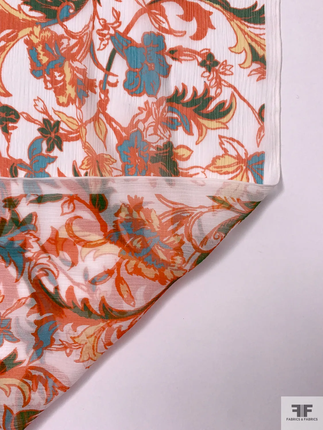 Floral Vine Printed Crinkled Silk Chiffon - Orange / Turquoise Blue / Green / White