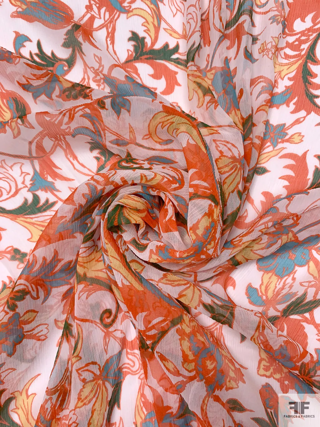 Floral Vine Printed Crinkled Silk Chiffon - Orange / Turquoise Blue / Green / White