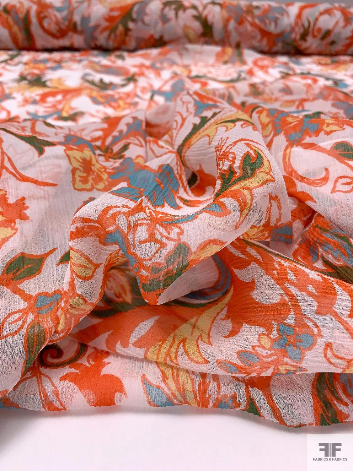 Floral Vine Printed Crinkled Silk Chiffon - Orange / Turquoise Blue / Green / White