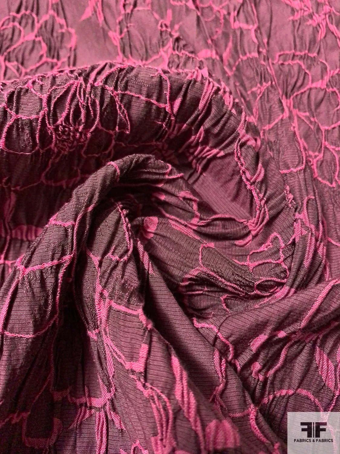 French Crinkle Textured Floral Stretch Brocade - Pink / Black