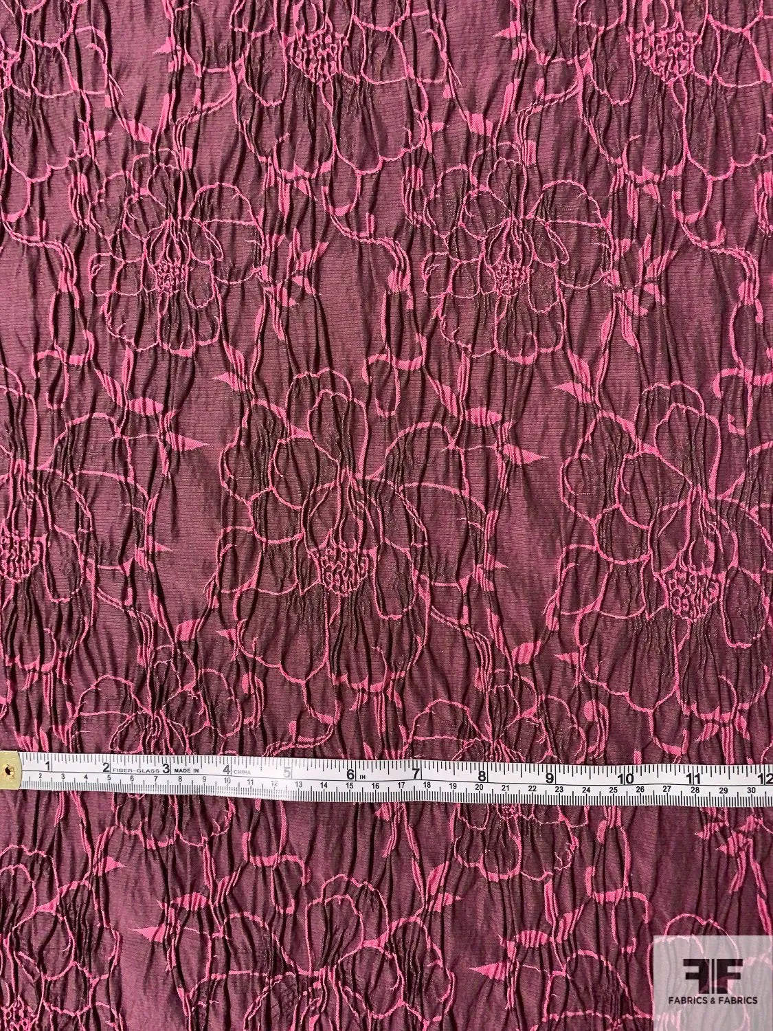 French Crinkle Textured Floral Stretch Brocade - Pink / Black