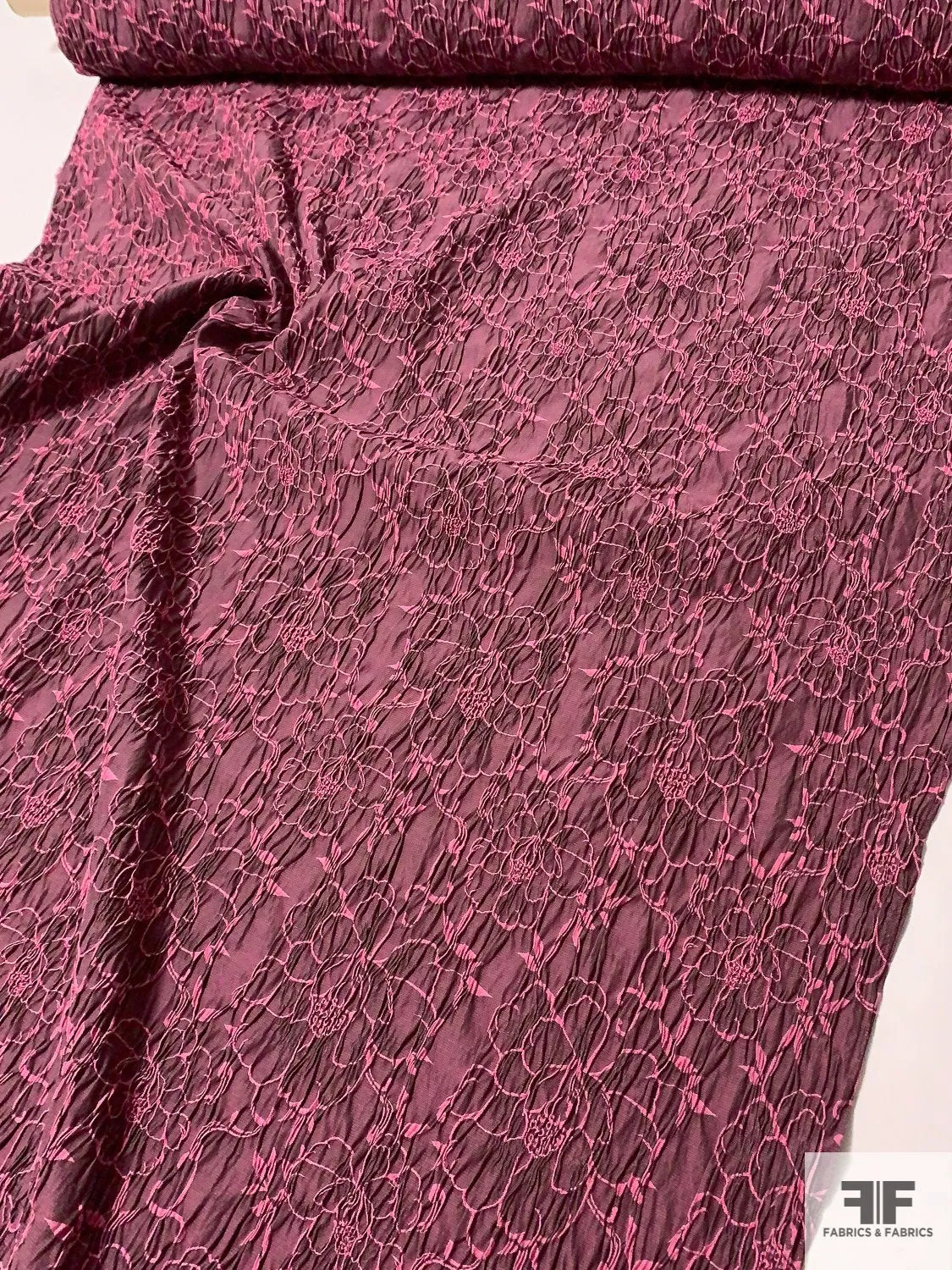 French Crinkle Textured Floral Stretch Brocade - Pink / Black