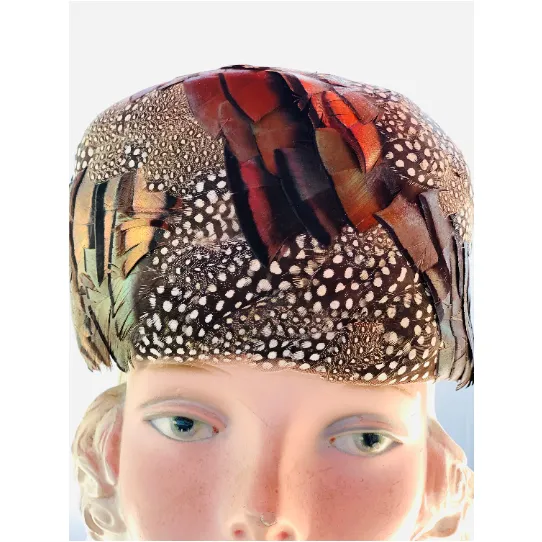 Gorgeous Vintage Pheasant Feather Pillbox Hat Polka Dot Feathers and Iridescent 1950s O/S Cocktail  Hat