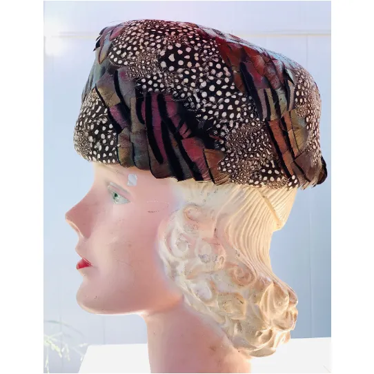 Gorgeous Vintage Pheasant Feather Pillbox Hat Polka Dot Feathers and Iridescent 1950s O/S Cocktail  Hat