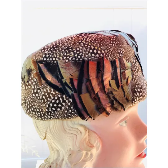Gorgeous Vintage Pheasant Feather Pillbox Hat Polka Dot Feathers and Iridescent 1950s O/S Cocktail  Hat