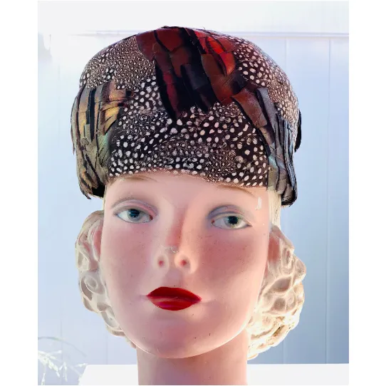 Gorgeous Vintage Pheasant Feather Pillbox Hat Polka Dot Feathers and Iridescent 1950s O/S Cocktail  Hat