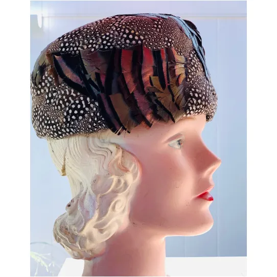 Gorgeous Vintage Pheasant Feather Pillbox Hat Polka Dot Feathers and Iridescent 1950s O/S Cocktail  Hat