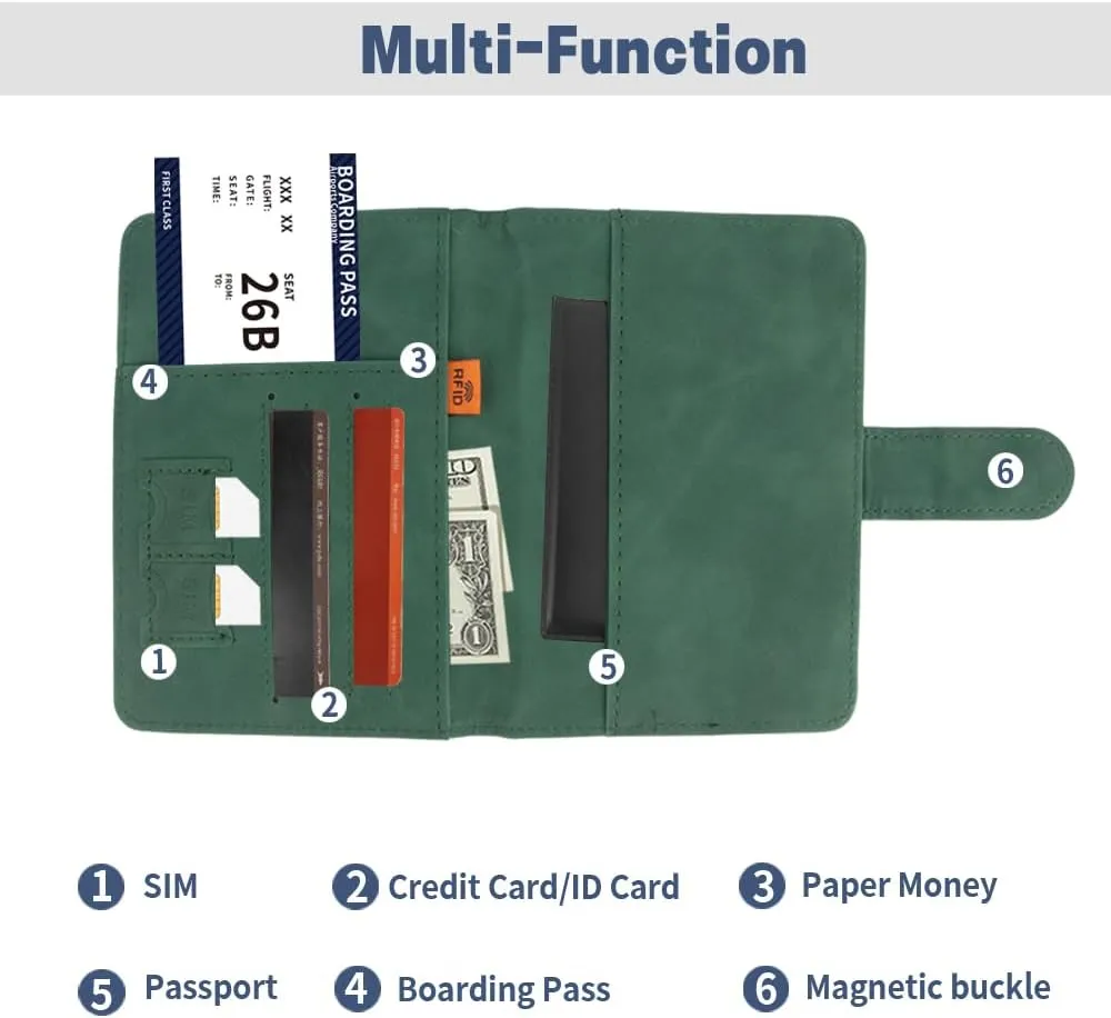 Green RFID Protected Passport Wallet, Unisex Adults Travel Accessory - Passport Case, Faux Leather, Bi-Fold, Magnetic Closure, 4.3 x 5.9 Inches