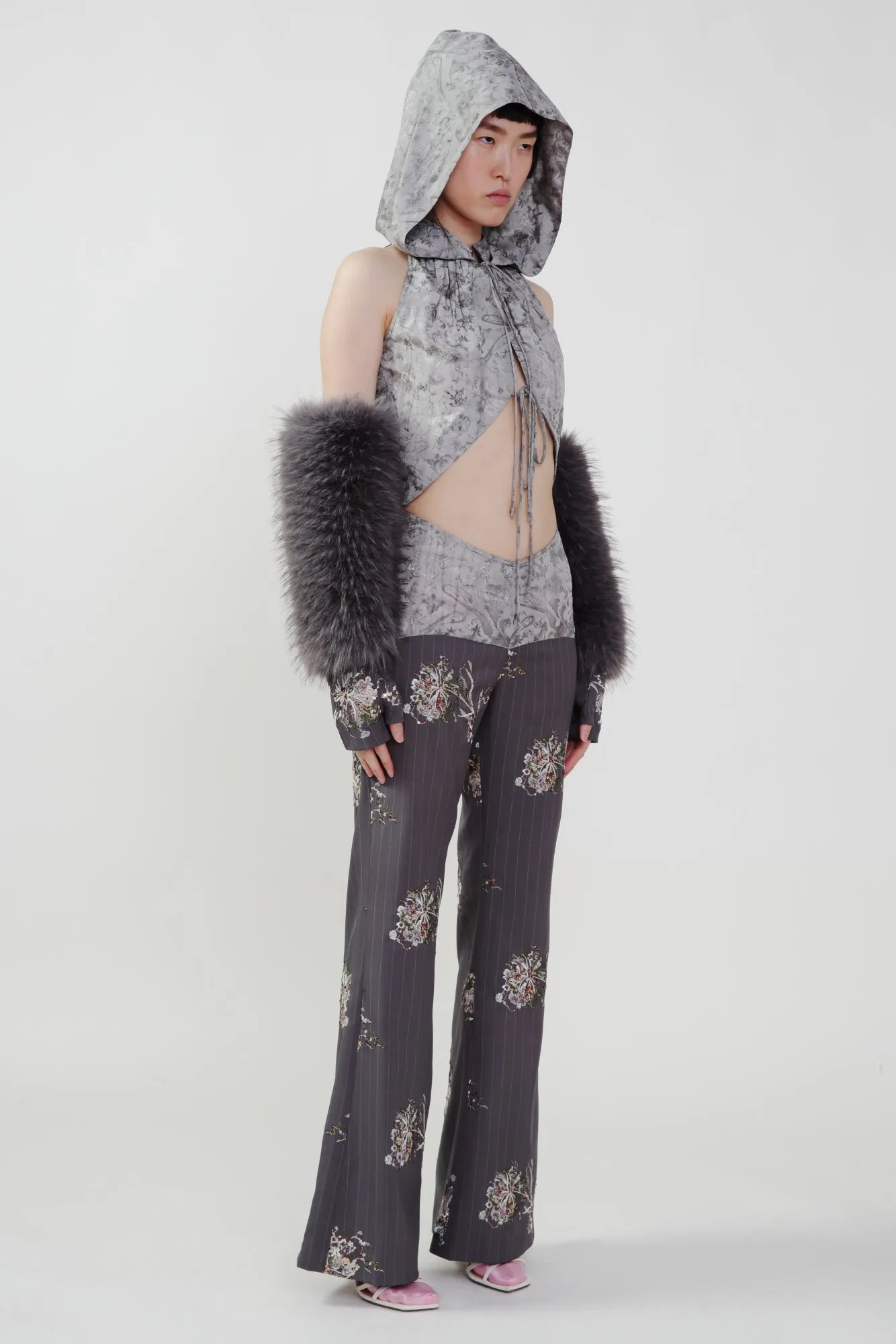 Grey Faux Fur and Embrodary Gloves