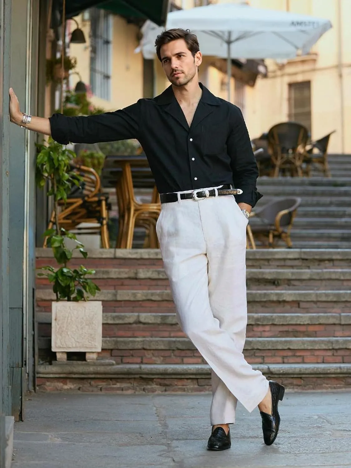 HOTake Men's Linen Dress Pants Casual Flat Front Linen Trousers Summer Beach Pants