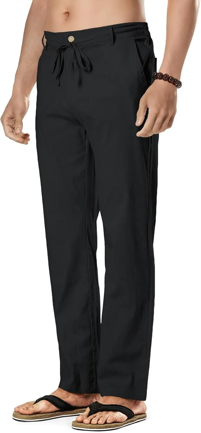 HOTake Men's Linen Dress Pants Casual Flat Front Linen Trousers Summer Beach Pants