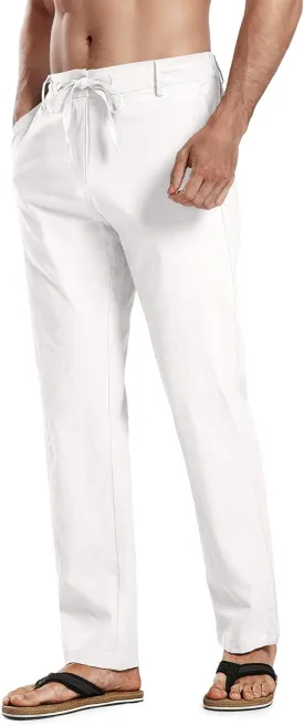 HOTake Men's Linen Dress Pants Casual Flat Front Linen Trousers Summer Beach Pants