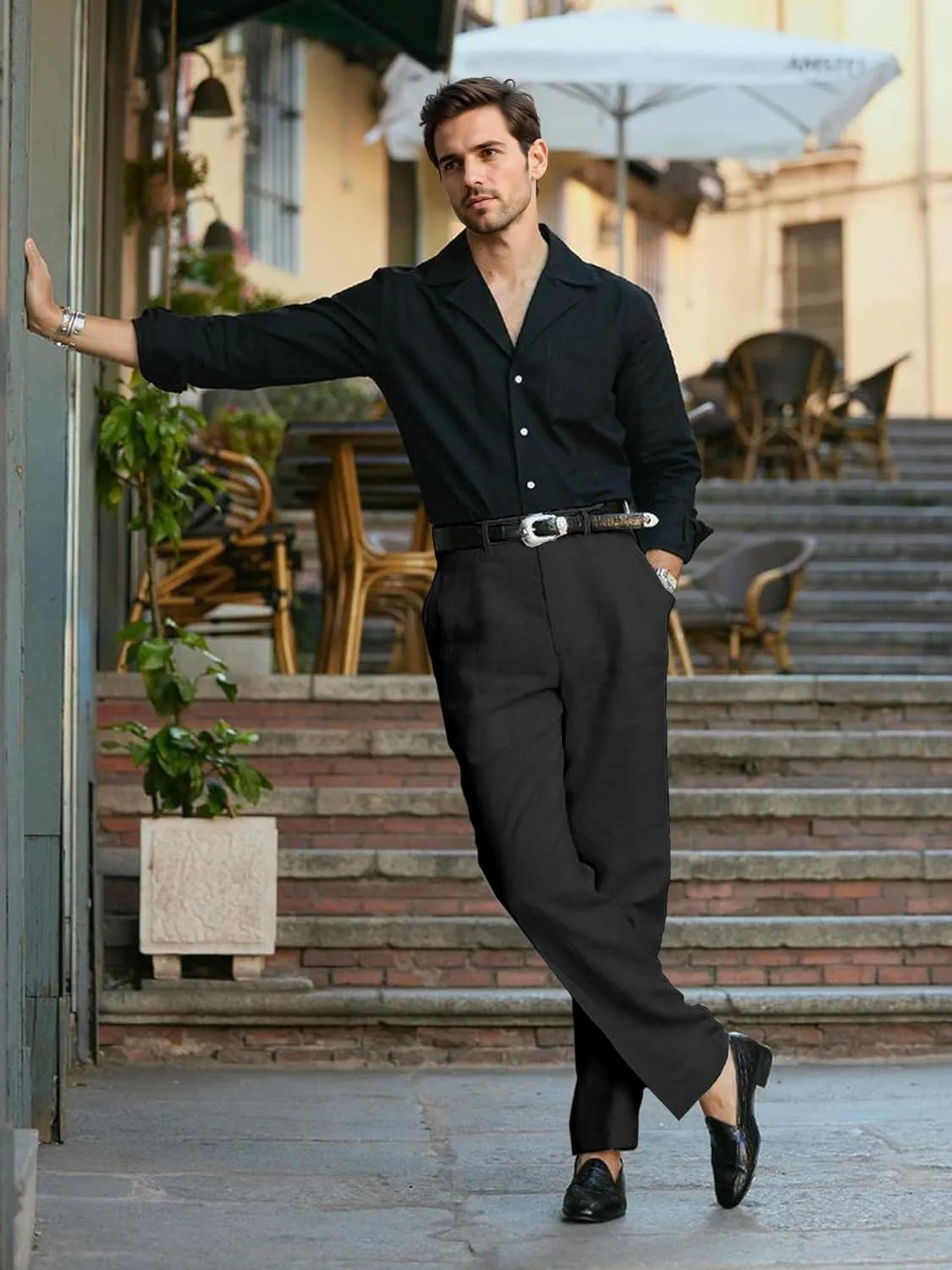 HOTake Men's Linen Dress Pants Casual Flat Front Linen Trousers Summer Beach Pants