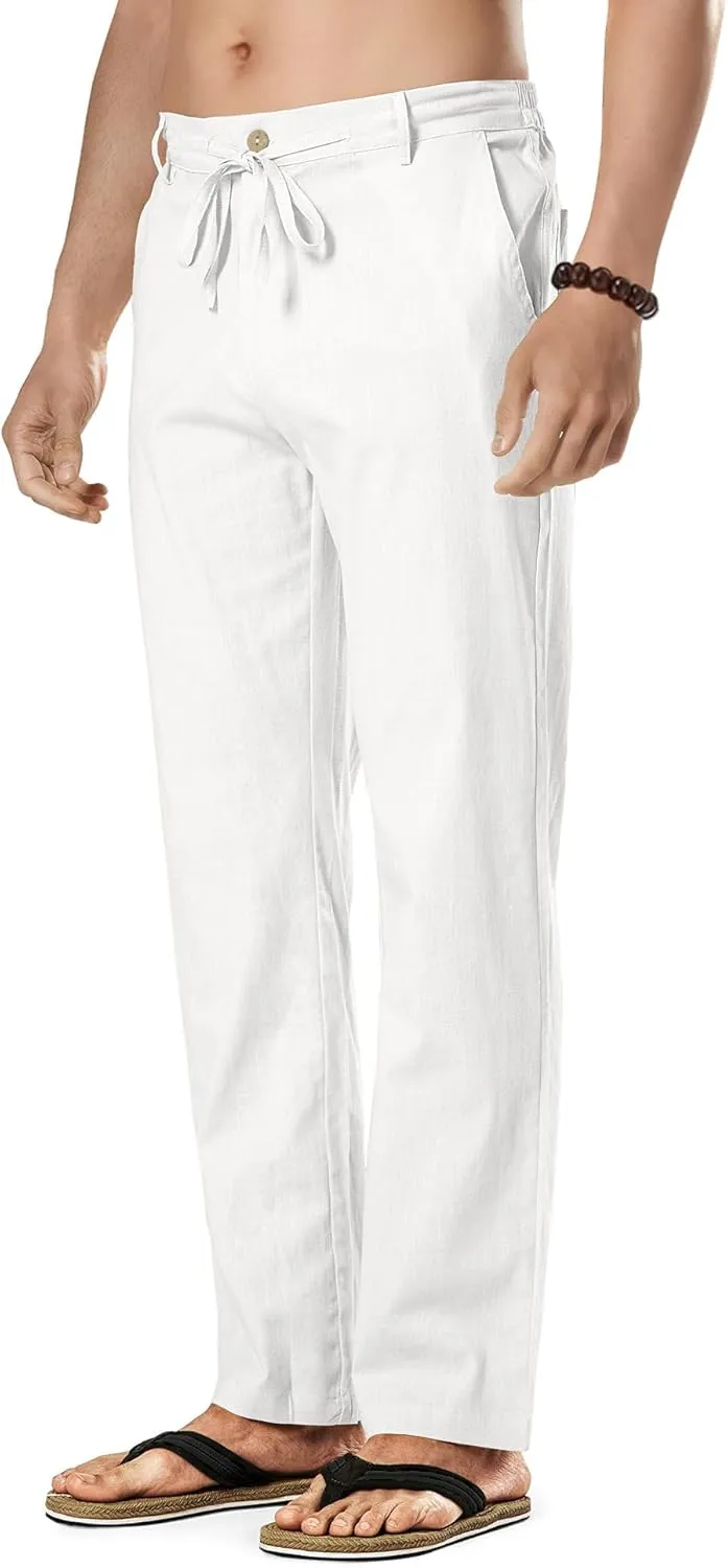 HOTake Men's Linen Dress Pants Casual Flat Front Linen Trousers Summer Beach Pants