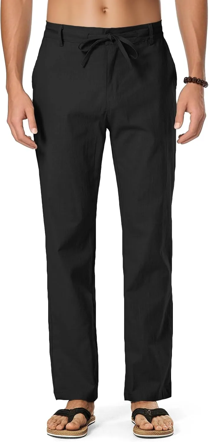 HOTake Men's Linen Dress Pants Casual Flat Front Linen Trousers Summer Beach Pants
