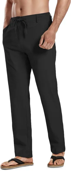 HOTake Men's Linen Dress Pants Casual Flat Front Linen Trousers Summer Beach Pants