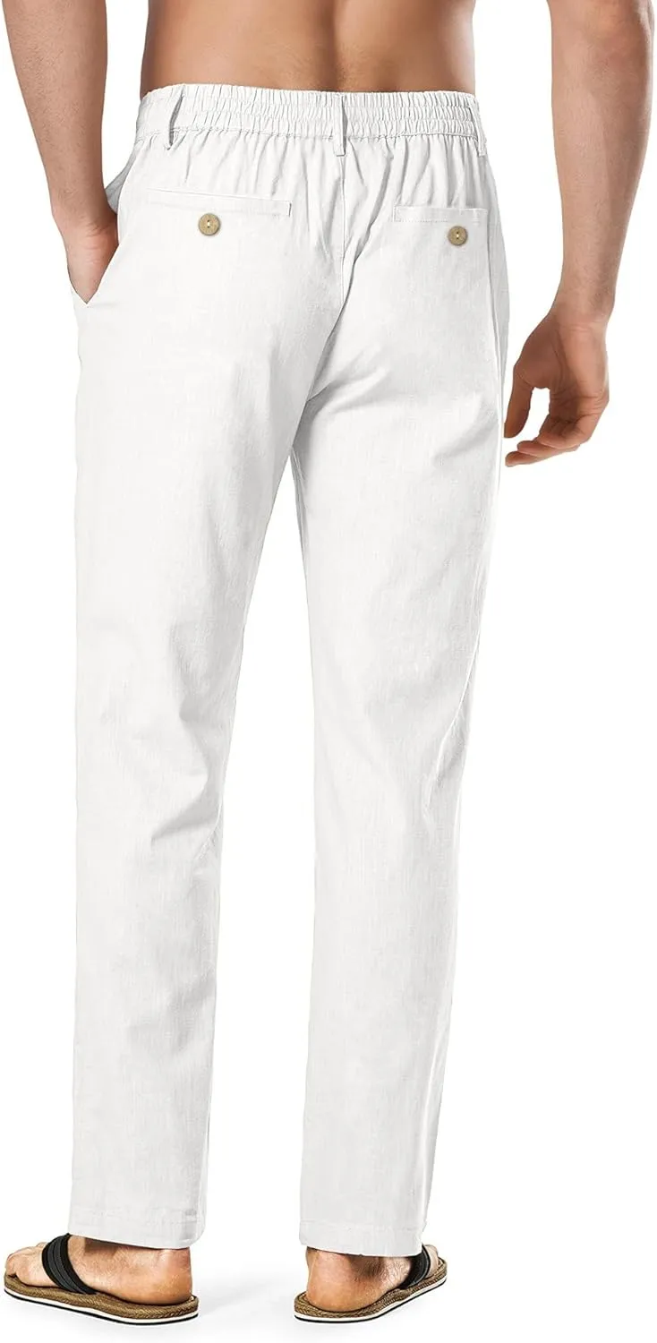 HOTake Men's Linen Dress Pants Casual Flat Front Linen Trousers Summer Beach Pants