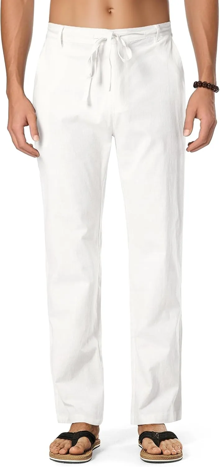 HOTake Men's Linen Dress Pants Casual Flat Front Linen Trousers Summer Beach Pants