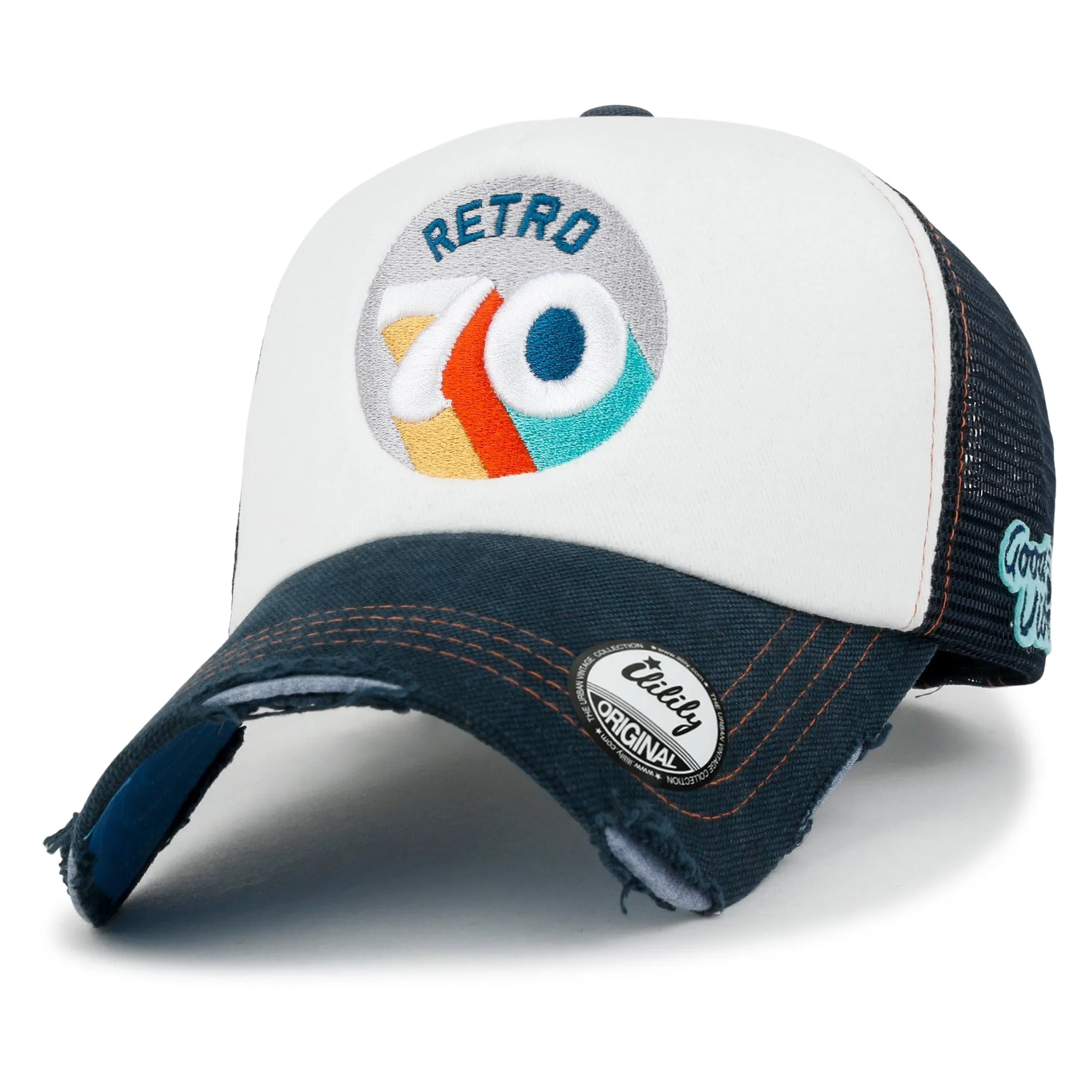 ililily Retro Embroidery Baseball Cap Vintage Distressed Cotton Sponge Trucker Hat