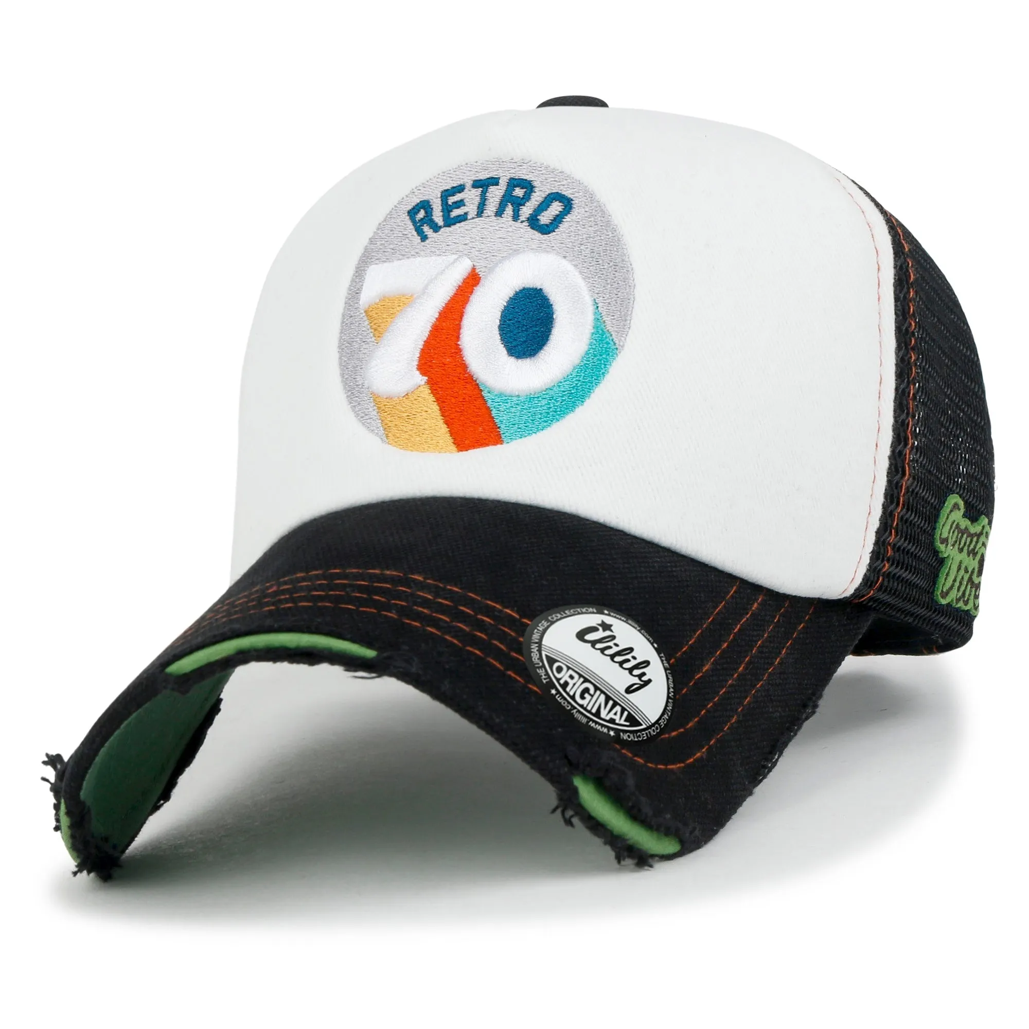 ililily Retro Embroidery Baseball Cap Vintage Distressed Cotton Sponge Trucker Hat