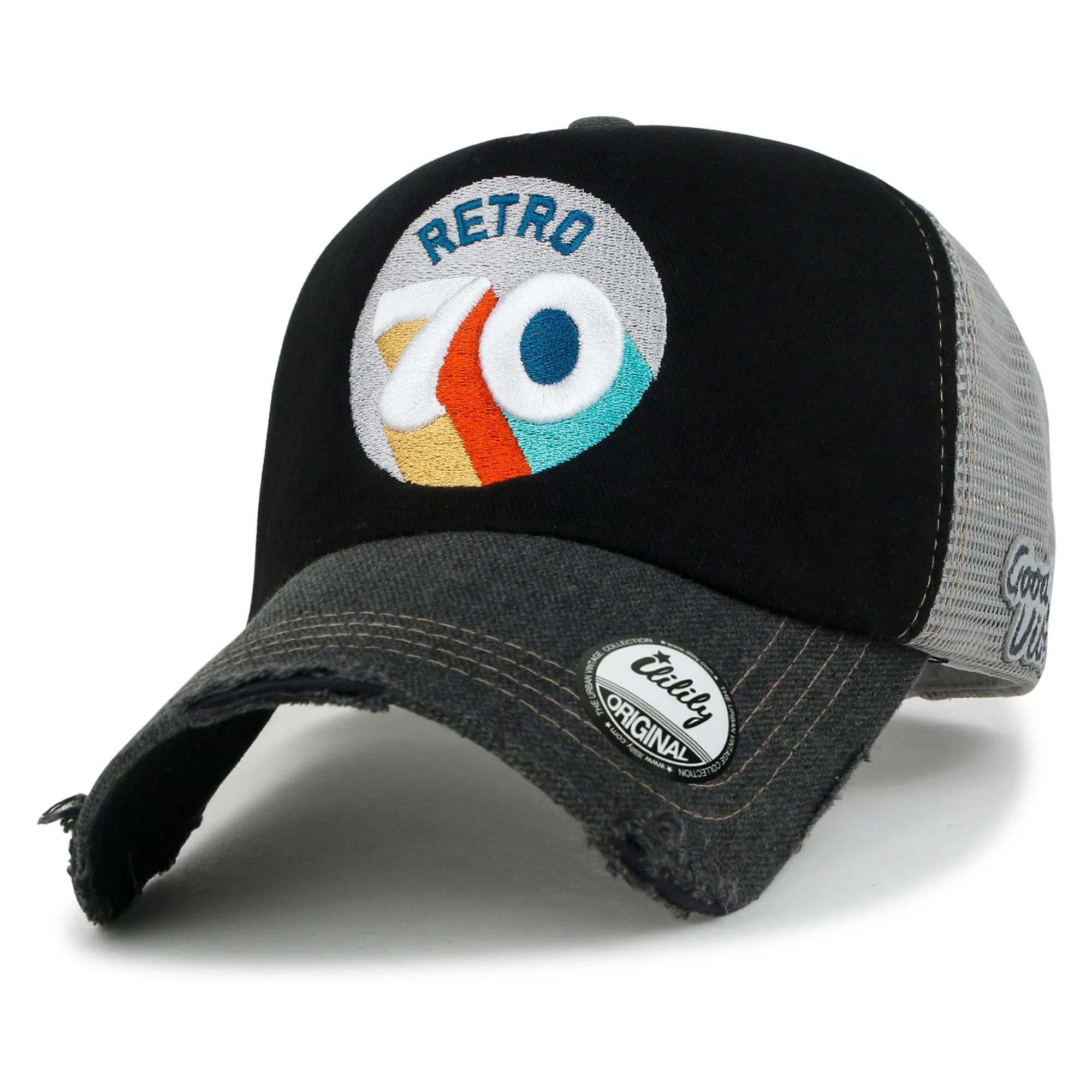 ililily Retro Embroidery Baseball Cap Vintage Distressed Cotton Sponge Trucker Hat