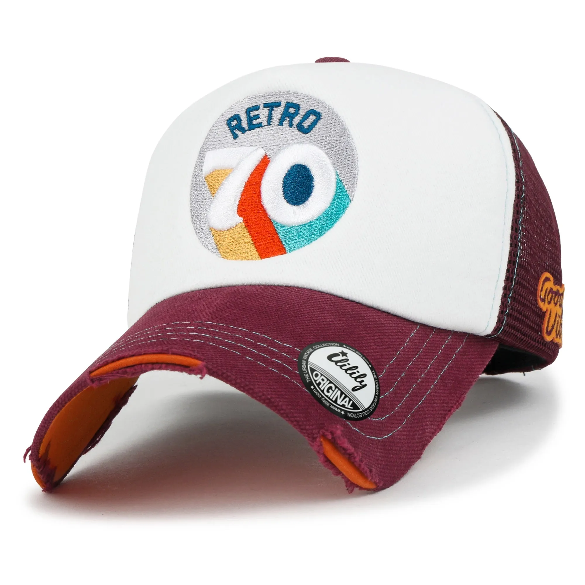 ililily Retro Embroidery Baseball Cap Vintage Distressed Cotton Sponge Trucker Hat