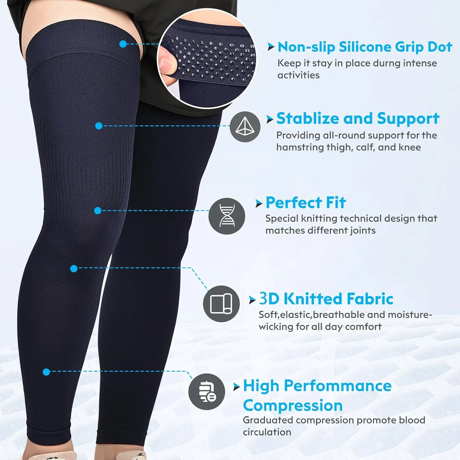 KEKING Full Leg Compression Sleeves, Unisex, Thigh High Compression Stocking 20-30mmHg Graduated Support for Thigh Calf Knee, Running, Basketball, Reduce Varicose Veins and Swelling, Navy Blue XXL