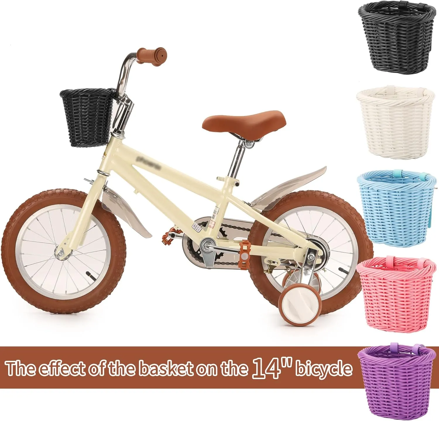 Kid's Bike Basket for Girls Front Bike Accessories Small Woven Wicker Cruiser Bicycle Basket with Handlebar Streamers Bell Boys16 Bike Girls Cycling Ages 3-13