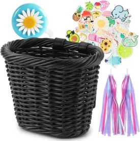 Kid's Bike Basket for Girls Front Bike Accessories Small Woven Wicker Cruiser Bicycle Basket with Handlebar Streamers Bell Boys16 Bike Girls Cycling Ages 3-13