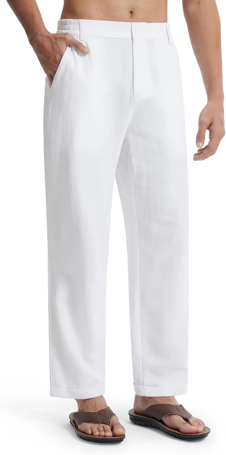 Libin Men's Linen Pants Elastic Waist Lightweight Casual Pants Comfy Summer Beach Travel Lounge Trousers with Pockets