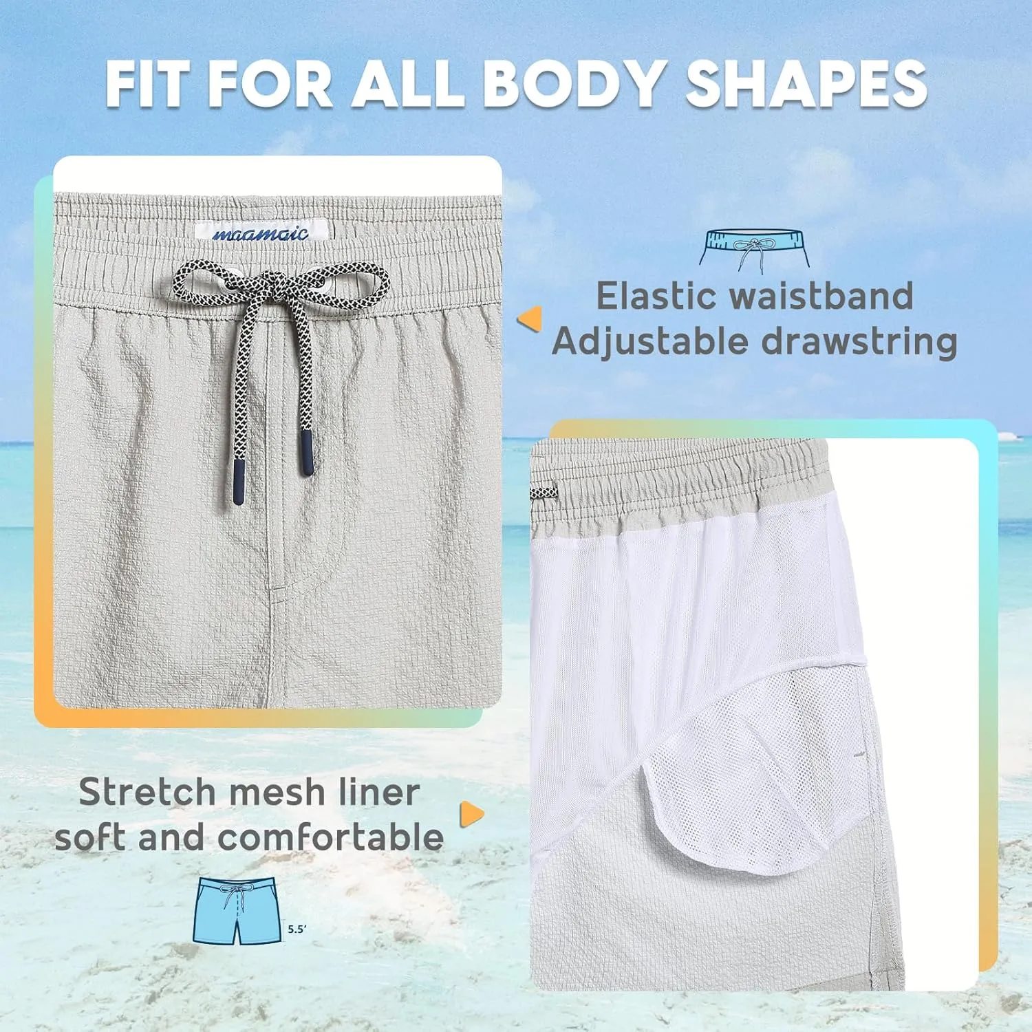maamgic Men's Swim Trunks 5.5 inch Seersucker Beach Shorts Quick Dry Bathing Suits with Mesh Liner