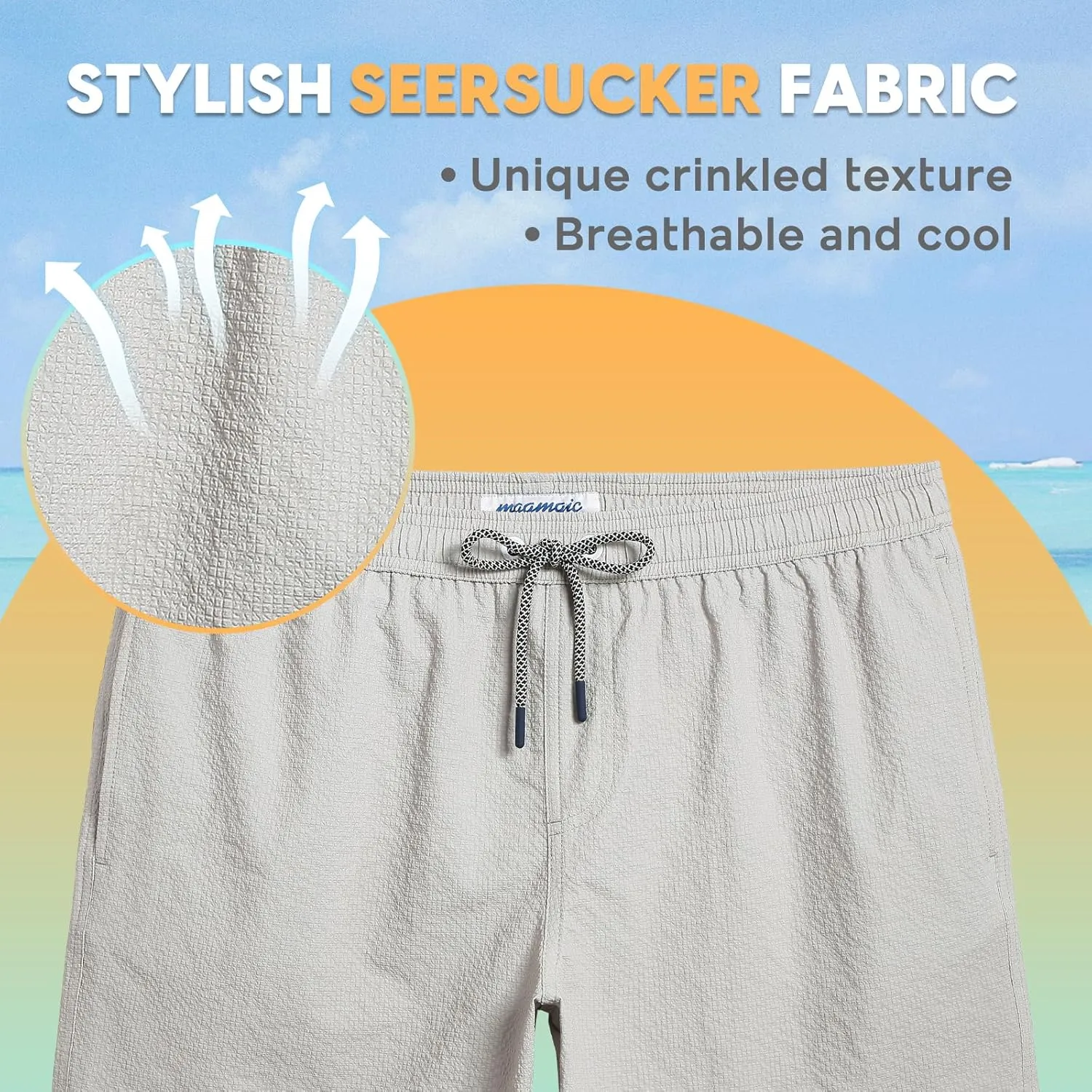maamgic Men's Swim Trunks 5.5 inch Seersucker Beach Shorts Quick Dry Bathing Suits with Mesh Liner