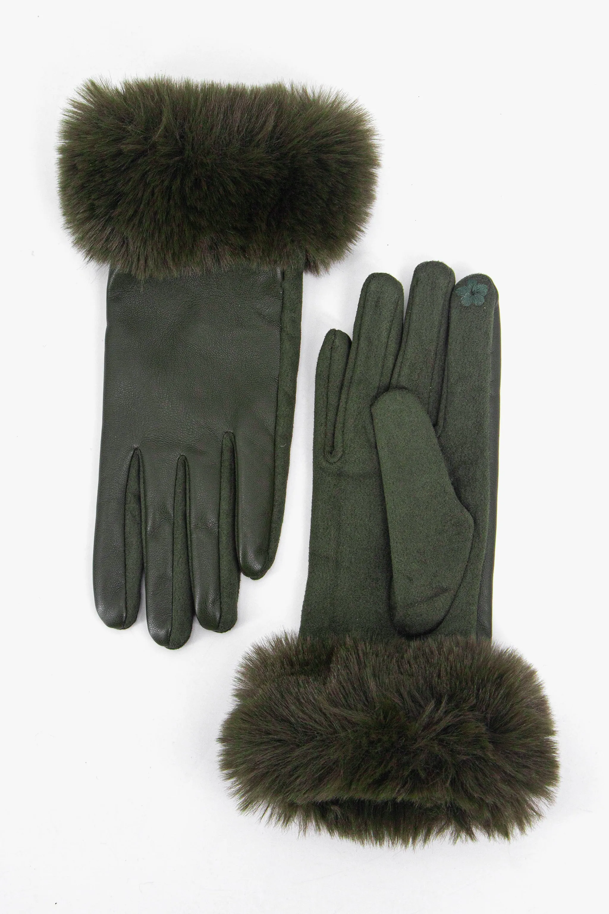 Maya Faux Fur Cuff Gloves - Khaki, PU