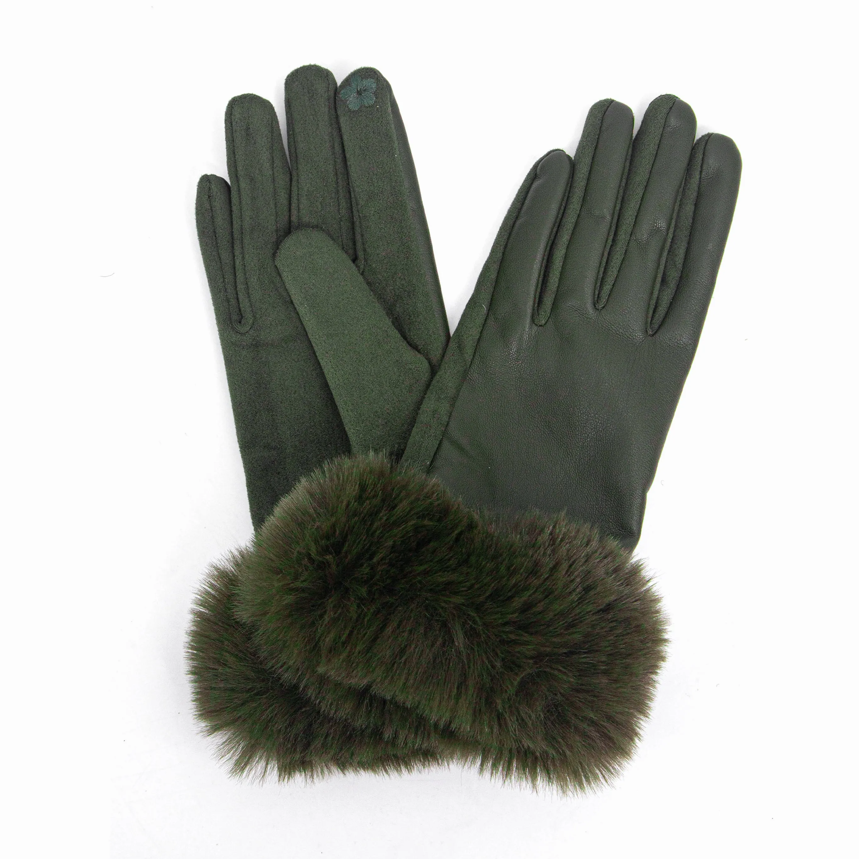 Maya Faux Fur Cuff Gloves - Khaki, PU