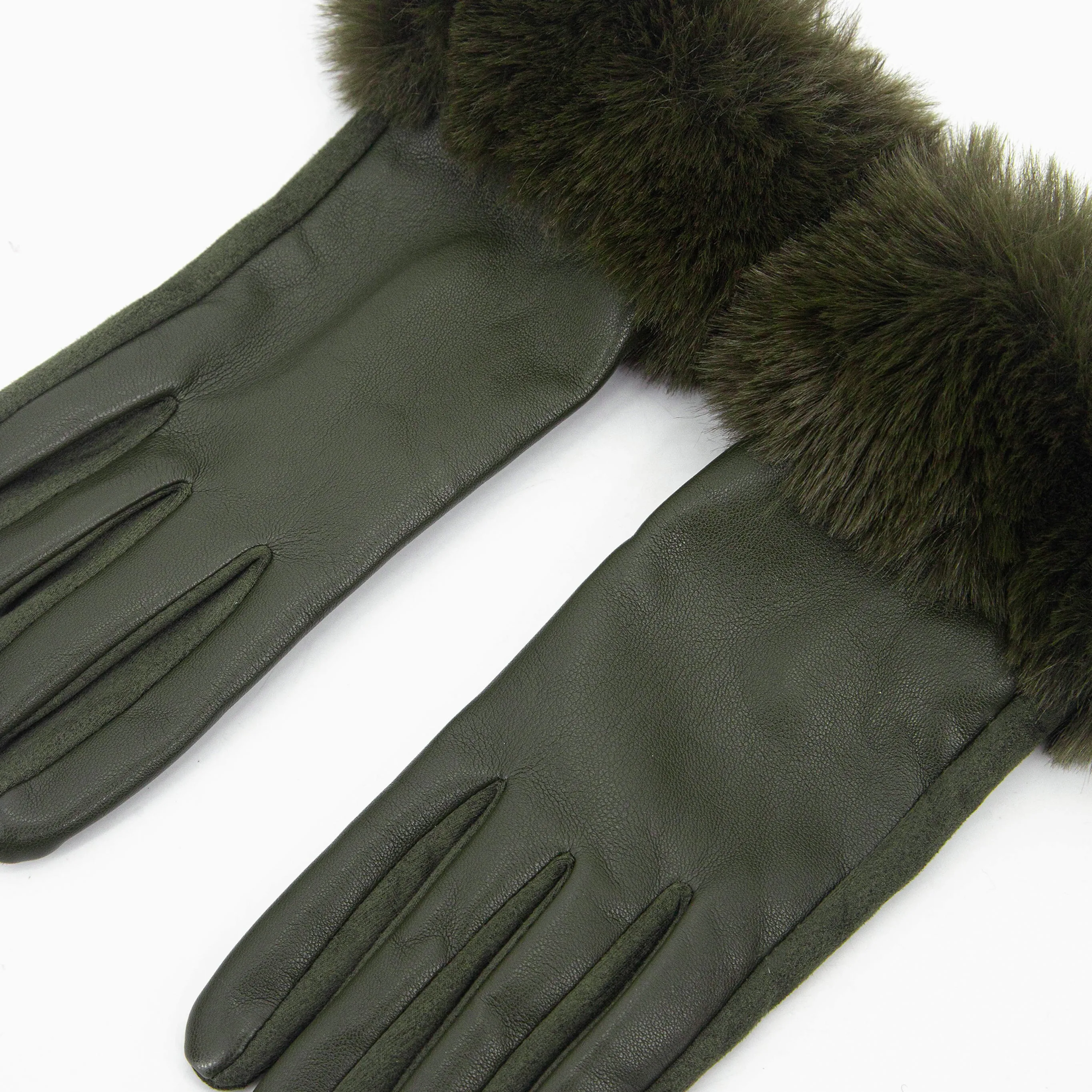 Maya Faux Fur Cuff Gloves - Khaki, PU