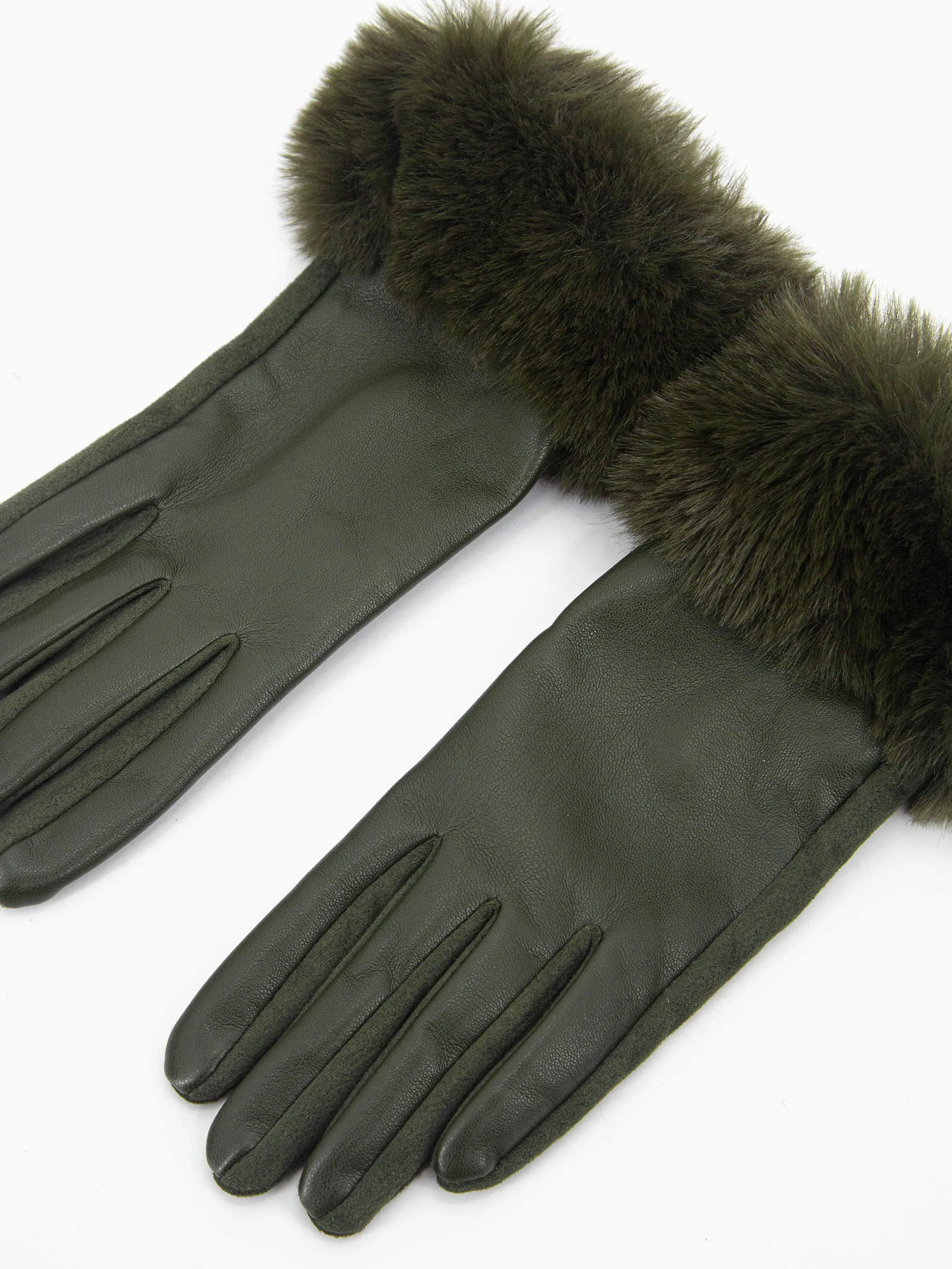 Maya Faux Fur Cuff Gloves - Khaki, PU