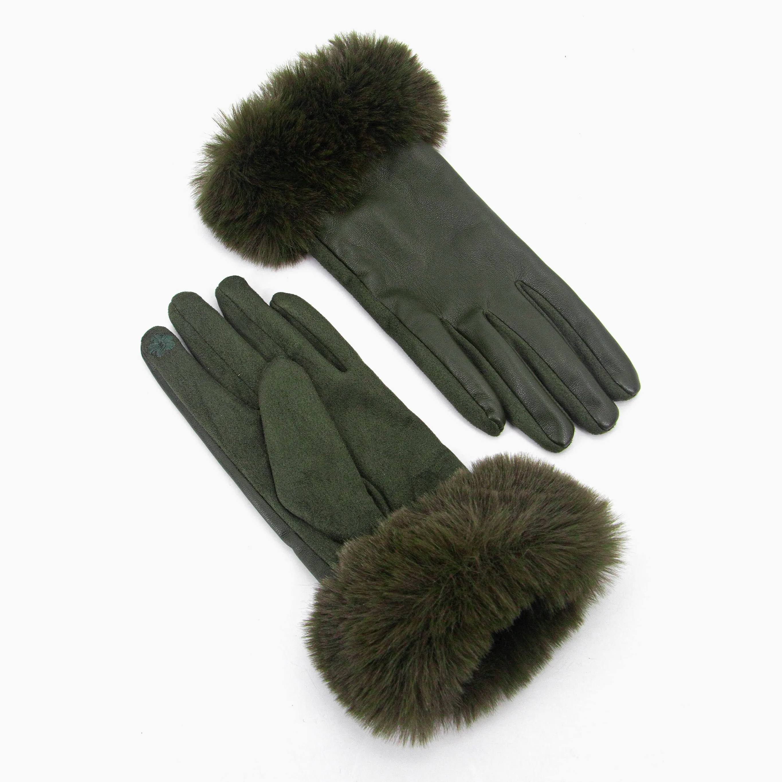Maya Faux Fur Cuff Gloves - Khaki, PU