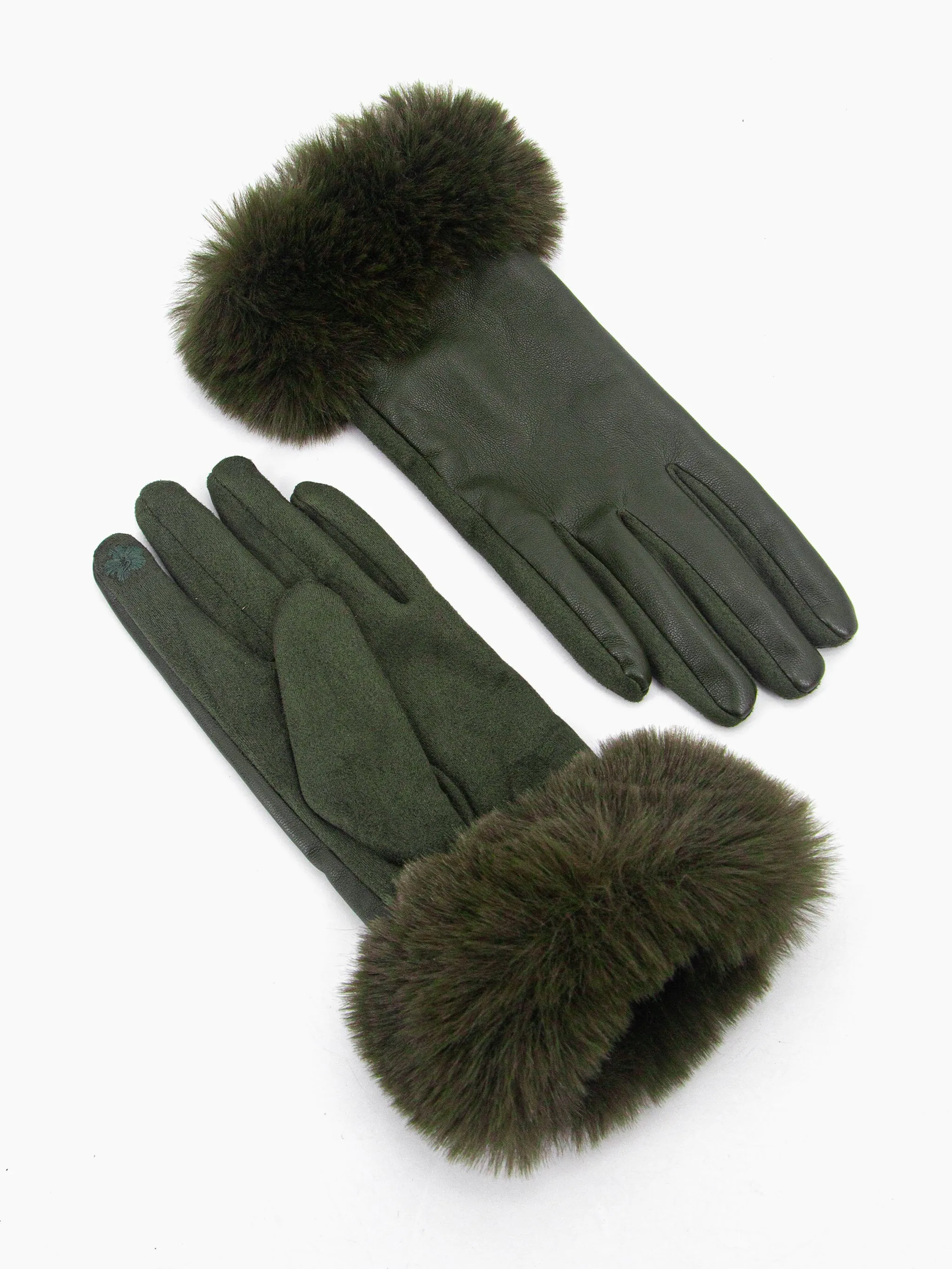 Maya Faux Fur Cuff Gloves - Khaki, PU