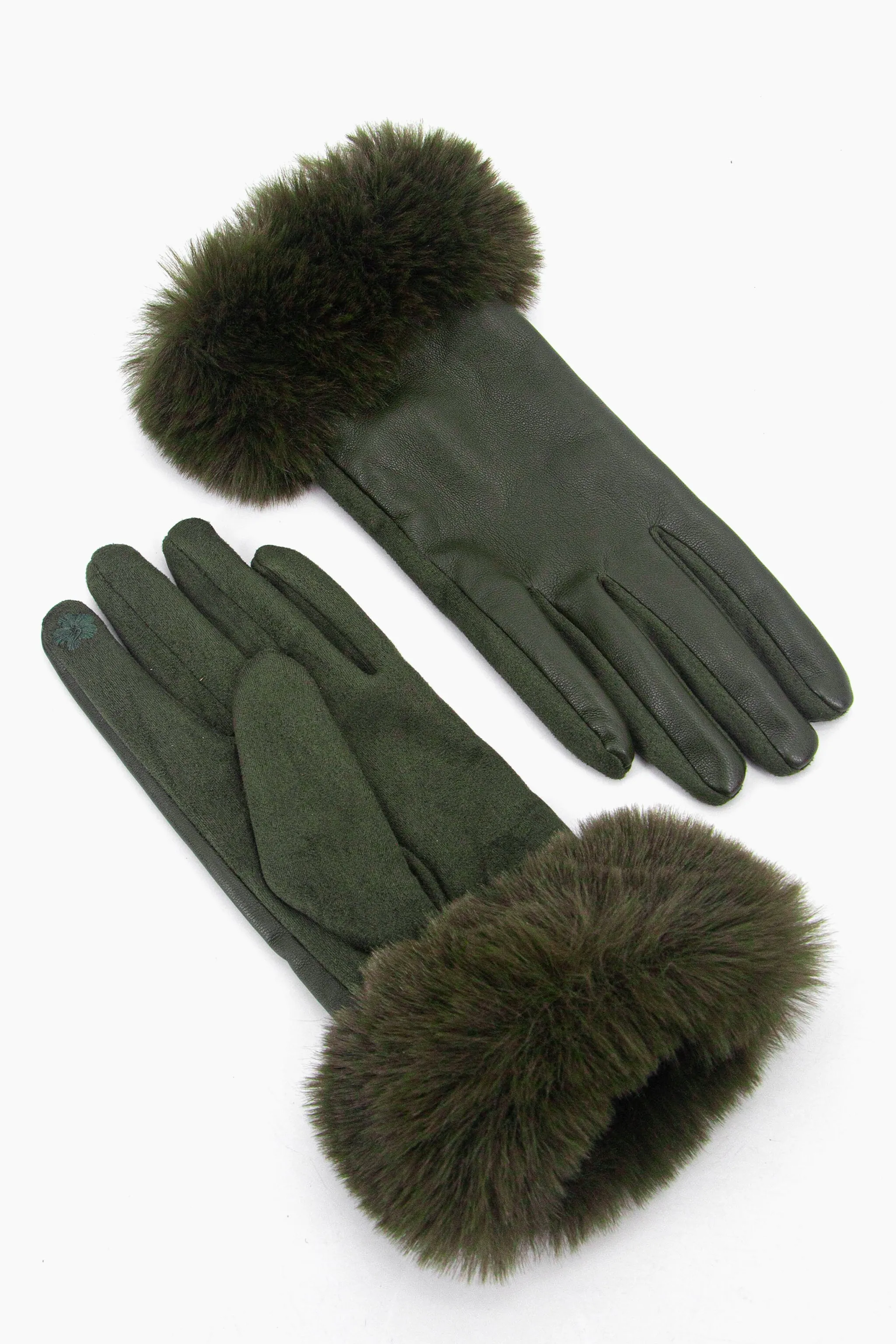 Maya Faux Fur Cuff Gloves - Khaki, PU