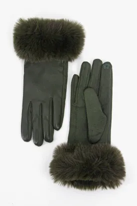 Maya Faux Fur Cuff Gloves - Khaki, PU