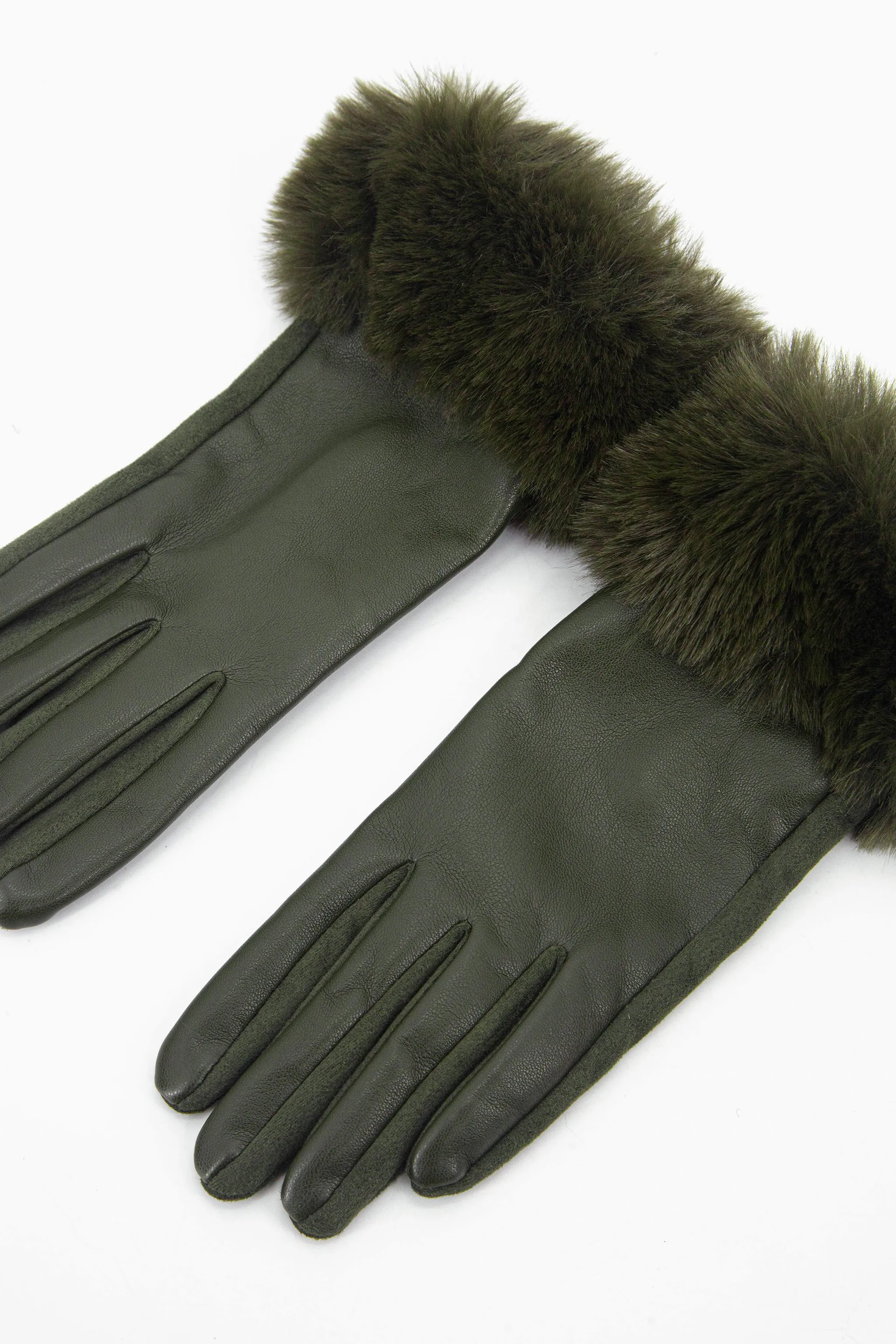 Maya Faux Fur Cuff Gloves - Khaki, PU