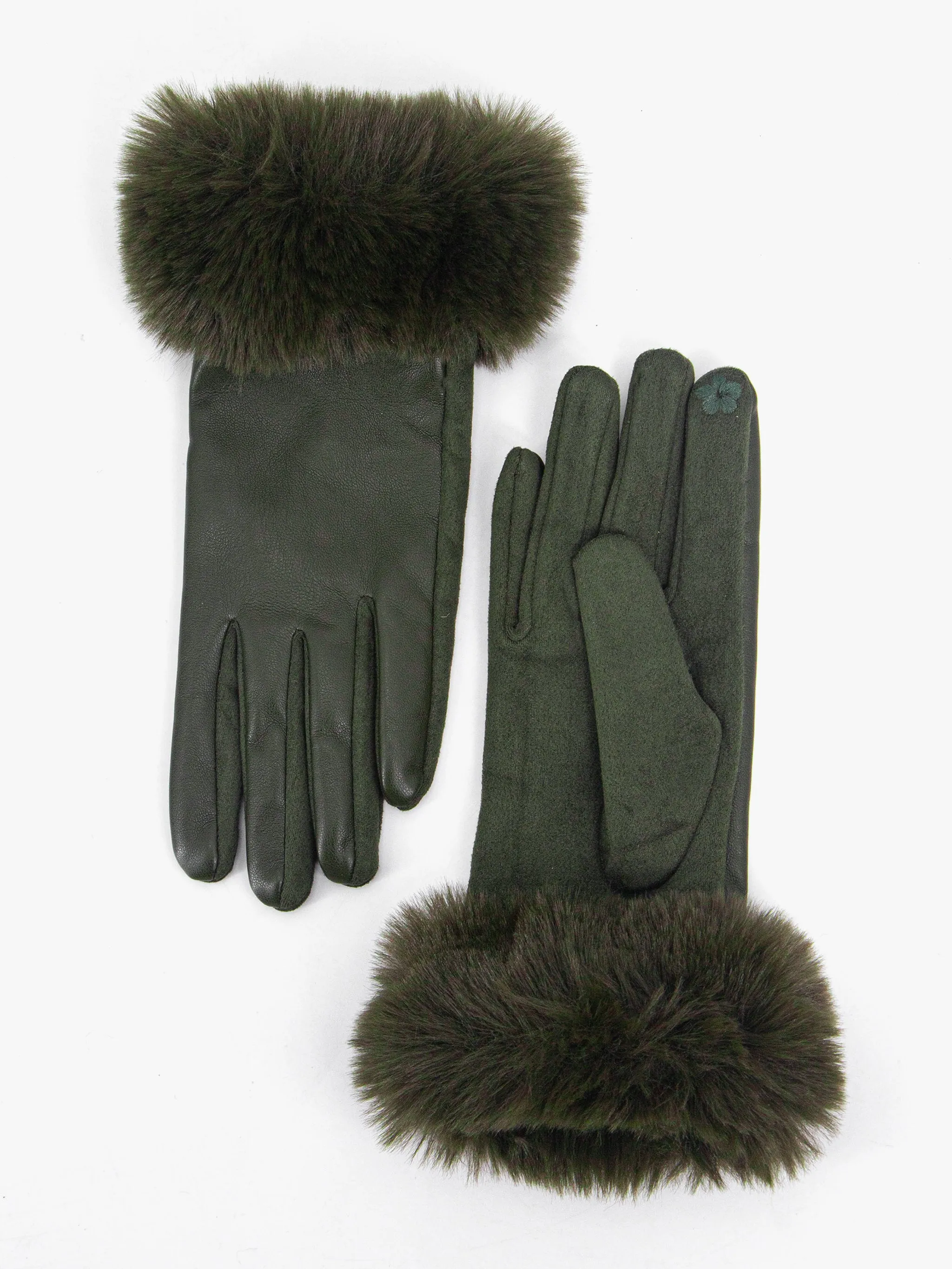 Maya Faux Fur Cuff Gloves - Khaki, PU