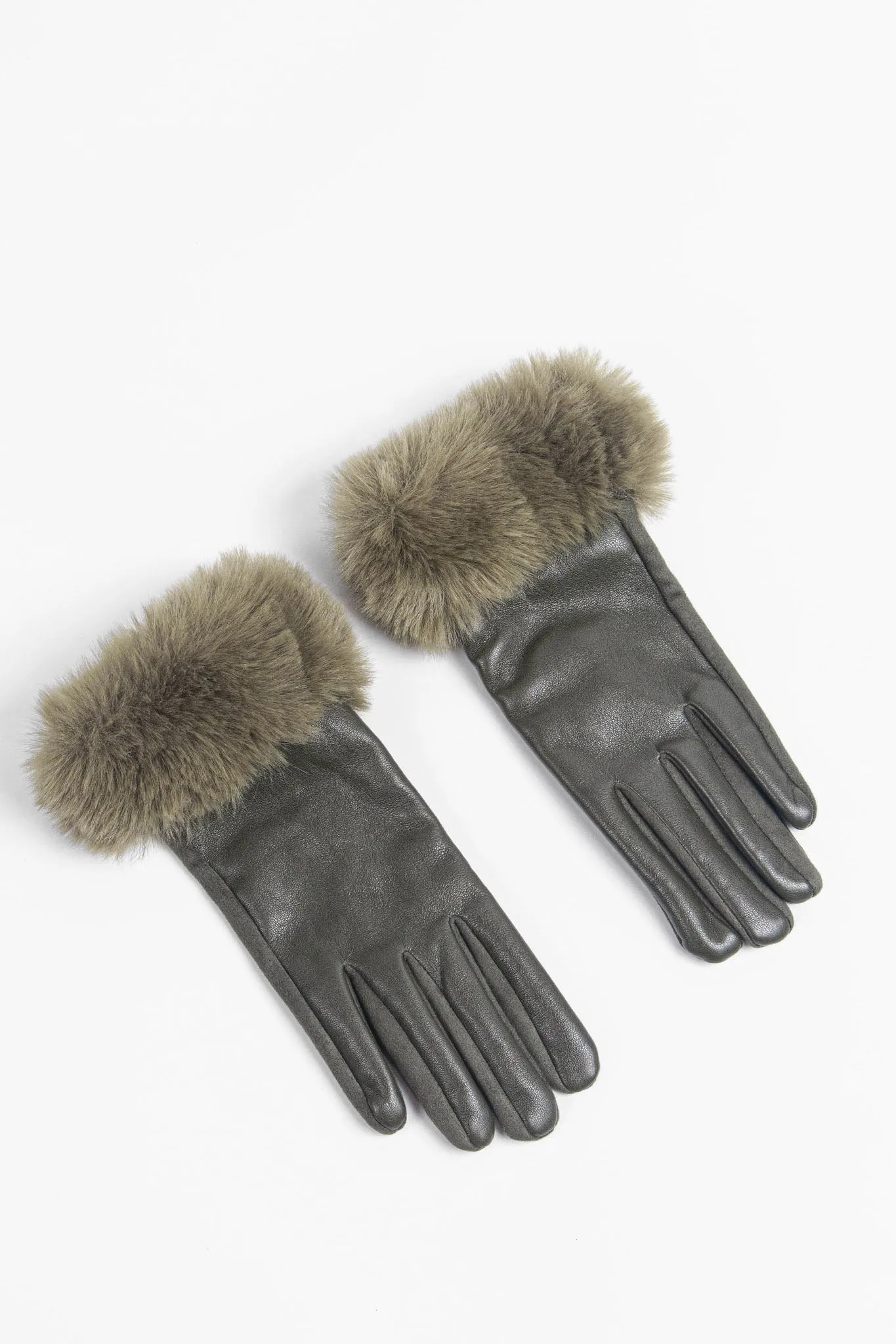 Maya Faux Fur Cuff Gloves - Khaki/Olive, PU