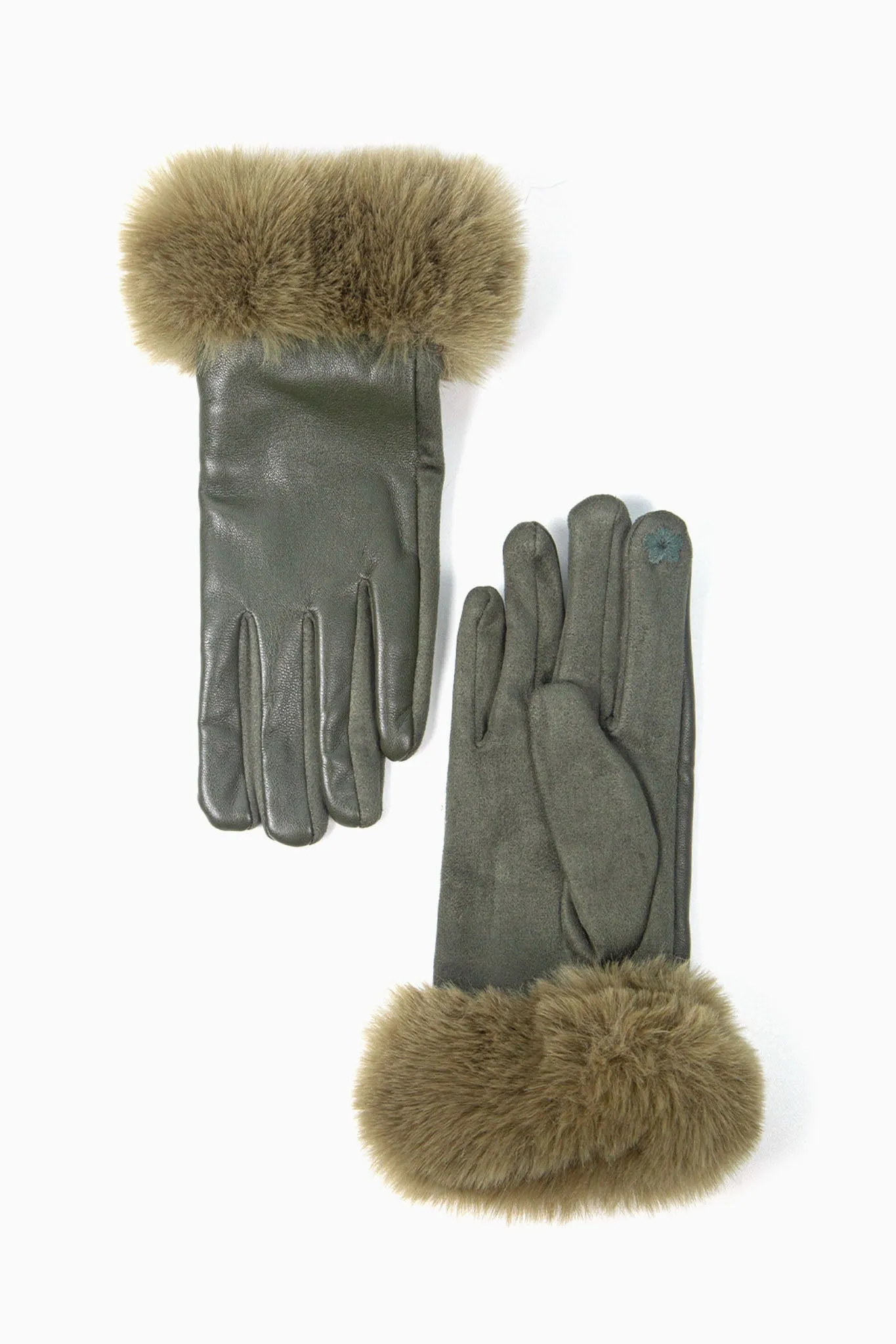 Maya Faux Fur Cuff Gloves - Khaki/Olive, PU