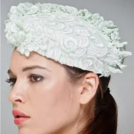 NA1026-Small white pillbox straw with hand beaded lace.