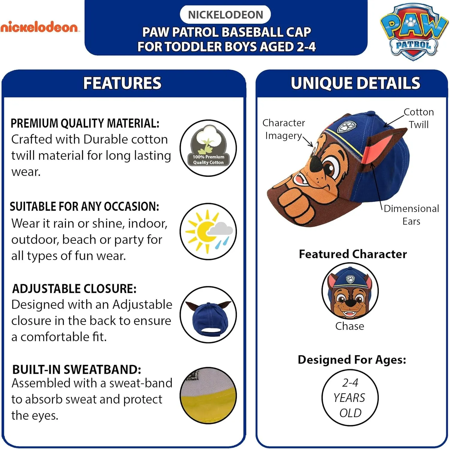 Nickelodeon Baseball Cap, Paw Patrol Marshall Adjustable Toddler 2-4 Or Boy Hats for Kids Ages 4-7